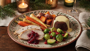 Balanced holiday dinner plate with vegetables, protein, and small dessert