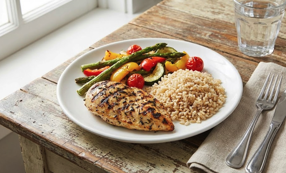 Colorful plate with lean protein, vegetables, and whole grains on a table
