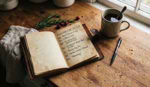 Open notebook with weekly holiday meal plan and healthy snack ideas