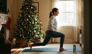 Person exercising at home next to a holiday tree in The Woodlands, TX