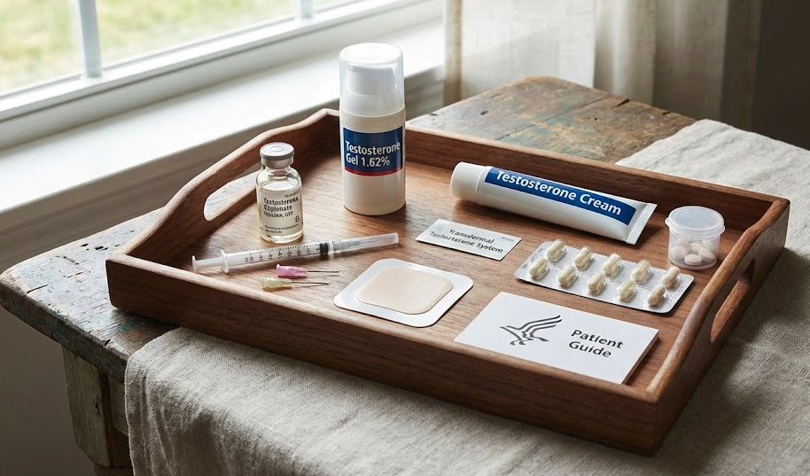 Table with testosterone gel packets and a syringe representing different